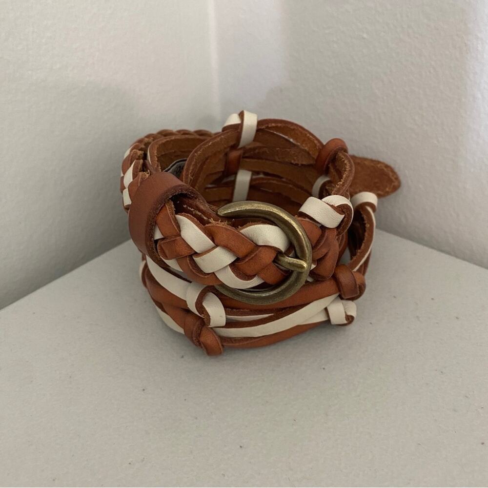 Fossil Braided Brown White Cream Two Tone Leather Thin Skinny Leather Belt Small